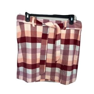 Loft outlet women's petite 10P Burgundy blush flannel check faux wrap mini skirt